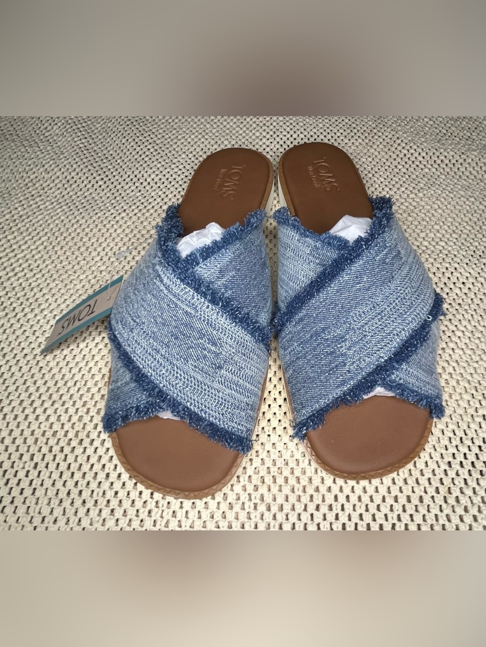 Toms Women's Denim Frayed Crossband Slide Sandals size 8
